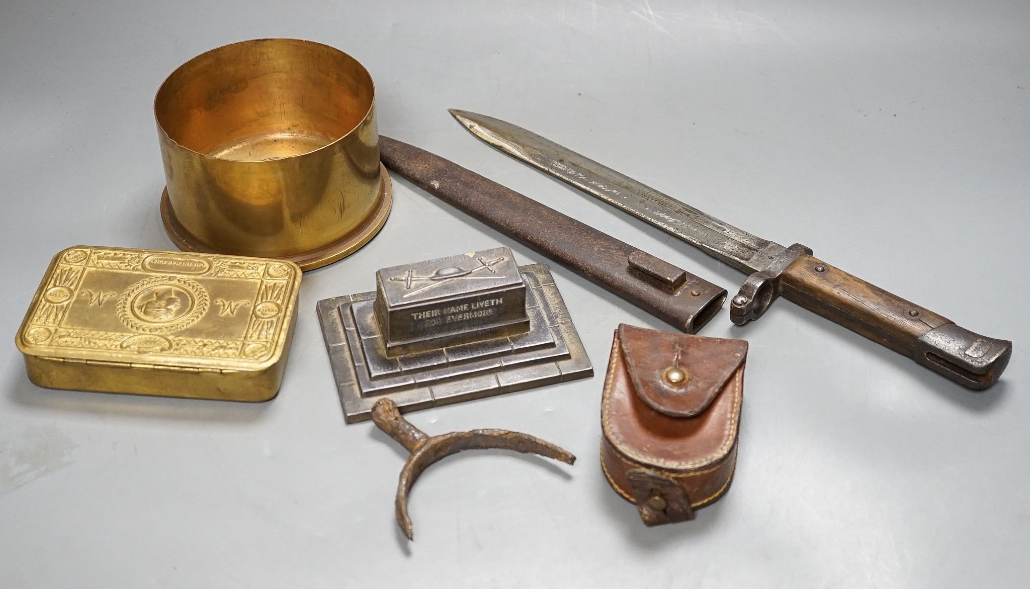 A British WWI Short & Mason compass, two bayonets, cartridge case, Lucas morse code, etc.